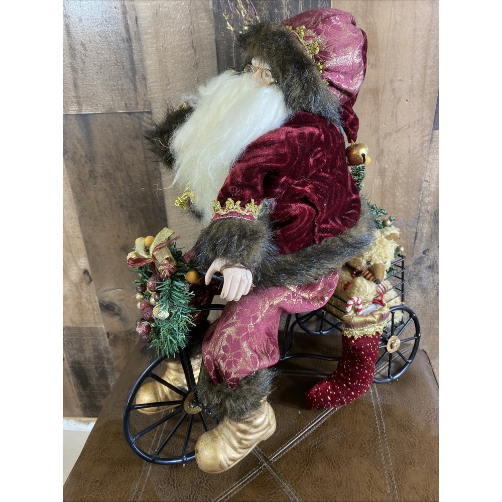 Santa Riding Bike W/ Basket Bear Porcelain Santa‎ Vintage 15 X 17" Red & Gold